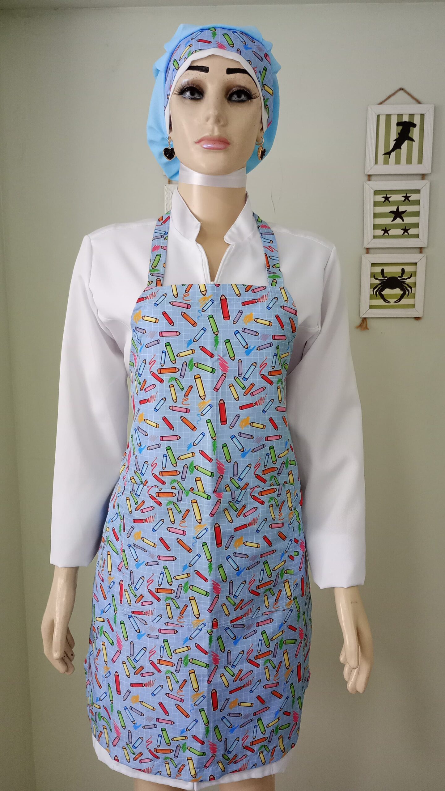 Avental tecido microfibra Azul estampa lápis com bolso